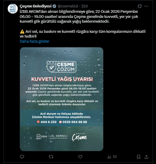 Çeşme Sağanak Yağış Uyarısı