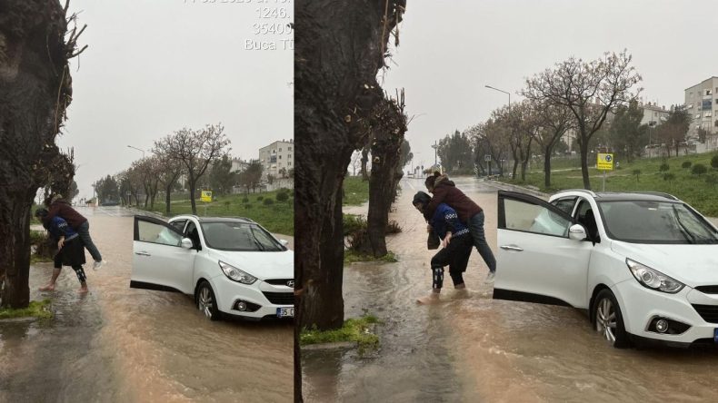İzmir&rsquo;de Y&uuml;rekleri Isıtan Anlar: Zabıta Ekipleri Mahsur Kalan Yurttaşları Sırtında Taşıdı