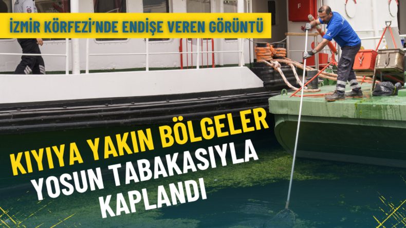 İzmir K&ouml;rfezi&rsquo;nde endişe veren g&ouml;r&uuml;nt&uuml;: Kıyıya yakın b&ouml;lgeler yosun tabakasıyla kaplandı